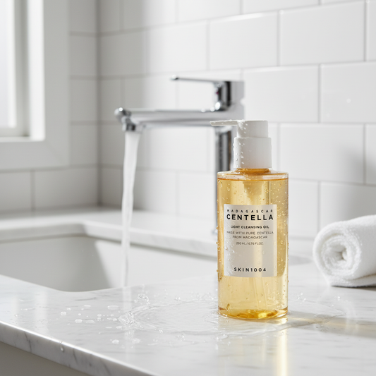 SKIN1004 Centella Light Cleansing Oil with water in bathroom