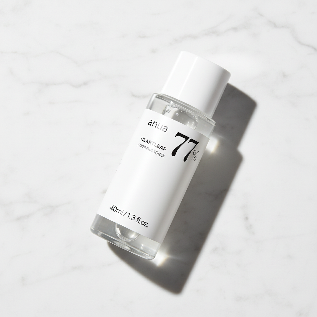 Anua Heartleaf 77% Soothing Toner with overhead white lighting at angle