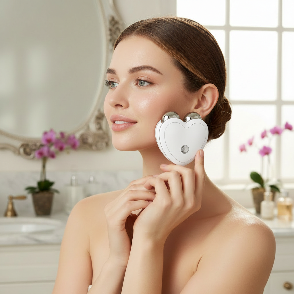 Electric EMS Facial Massager in white being used by influencer