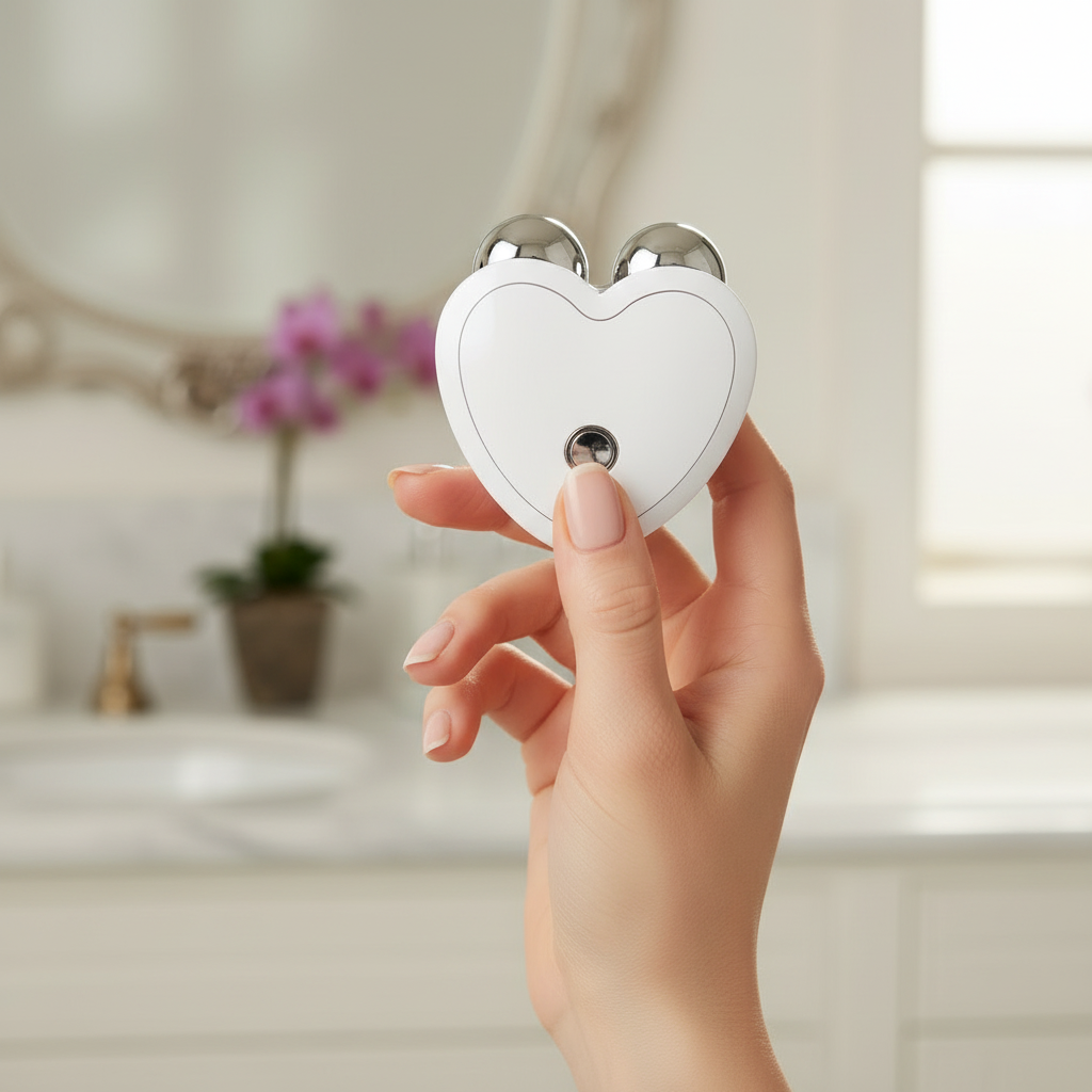 Electric EMS Facial Massager in white held by influencer's hand