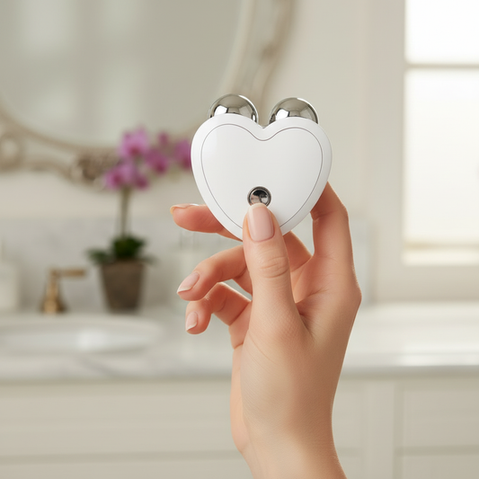 Electric EMS Facial Massager in white held by influencer's hand
