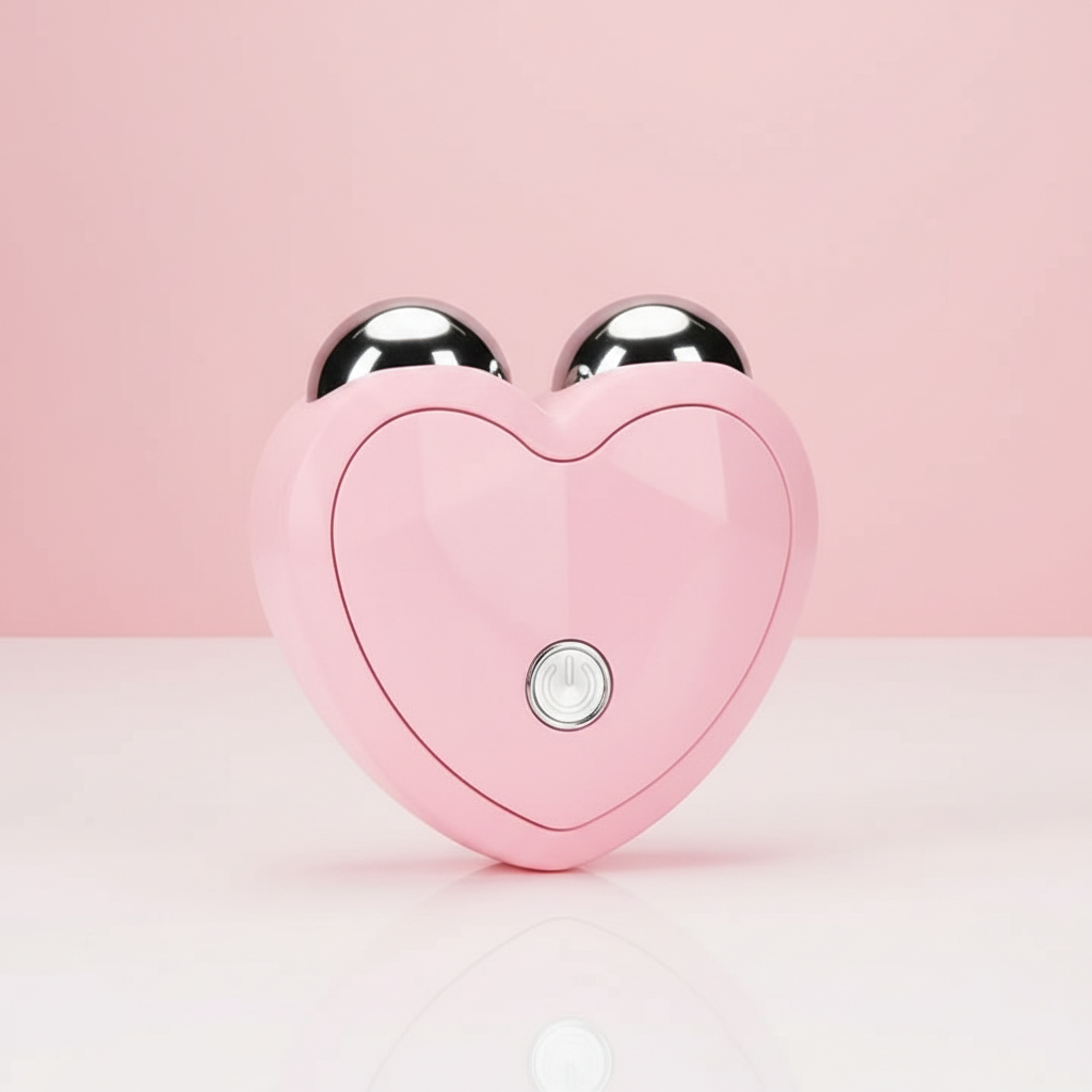 Electric EMS Facial Massager on pink and white background