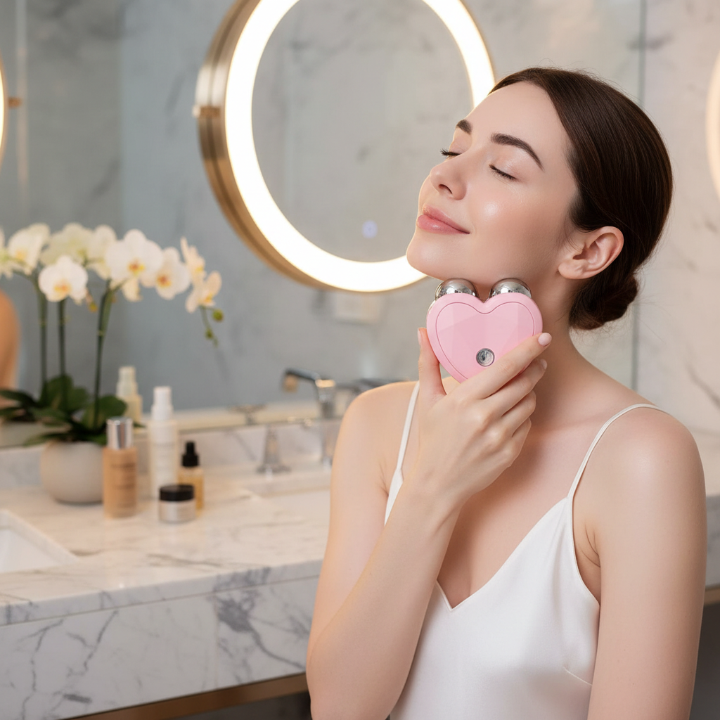 Electric EMS Facial Massager with influencer using it