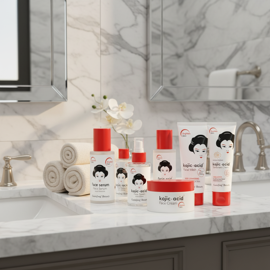 GuanJing Beauty Kojic Acid Skin Care Series 5 Piece Set in bathroom