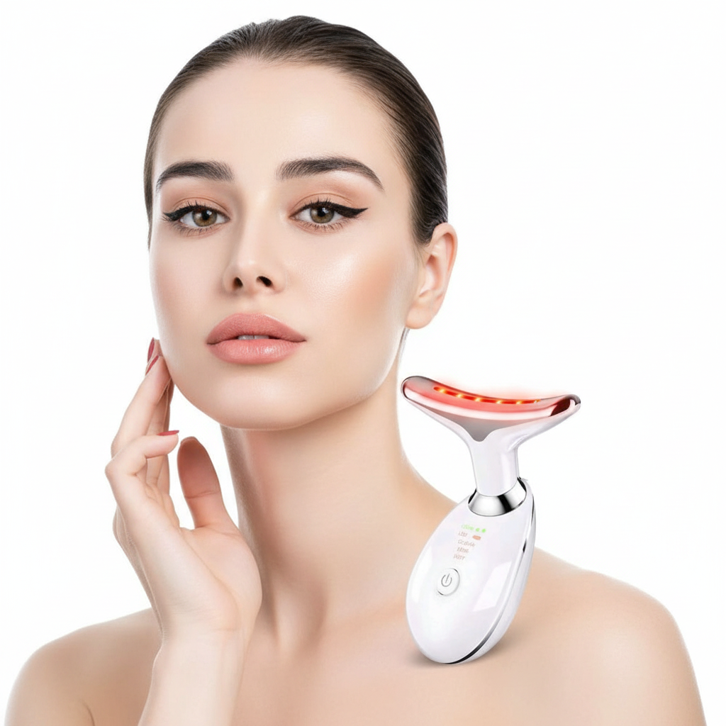 Micro-Current Massager Handset with influencer on white background