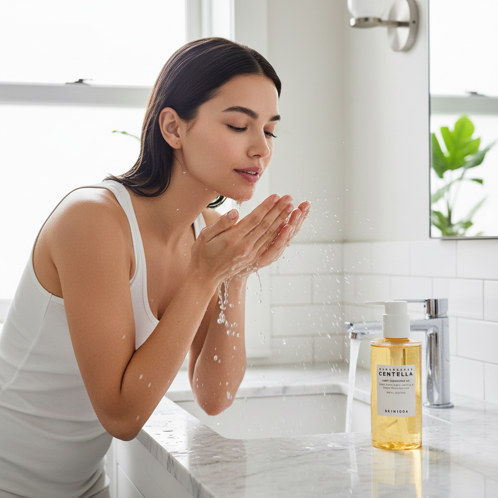 SKIN1004 Centella Light Cleansing Oil with influencer rinsing face