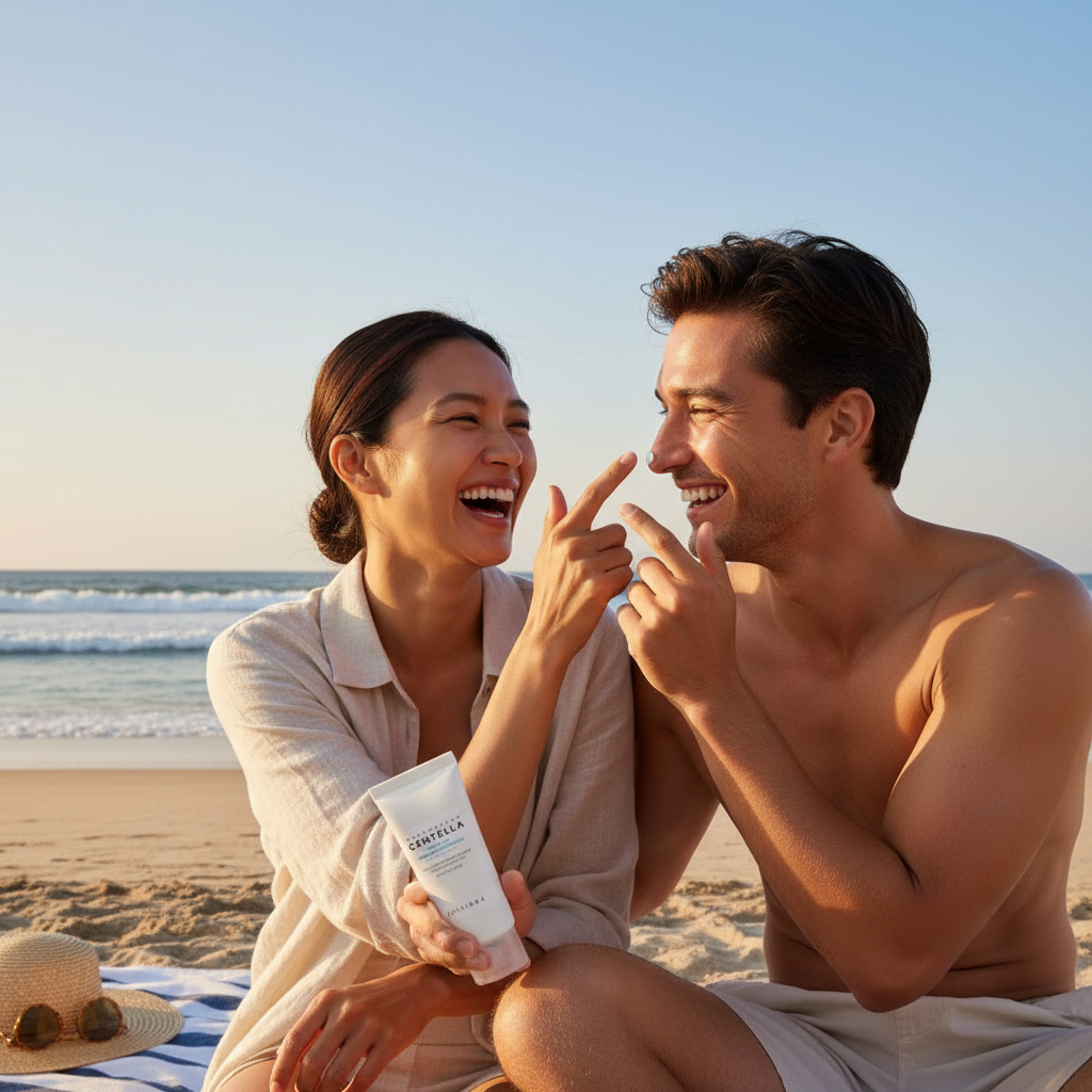 SKIN1004 Centella Water-Fit Sun Serum with couple at beach