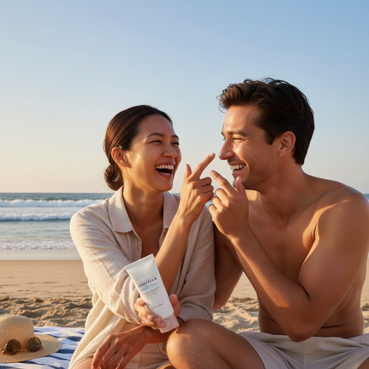 SKIN1004 Centella Water-Fit Sun Serum with couple at beach