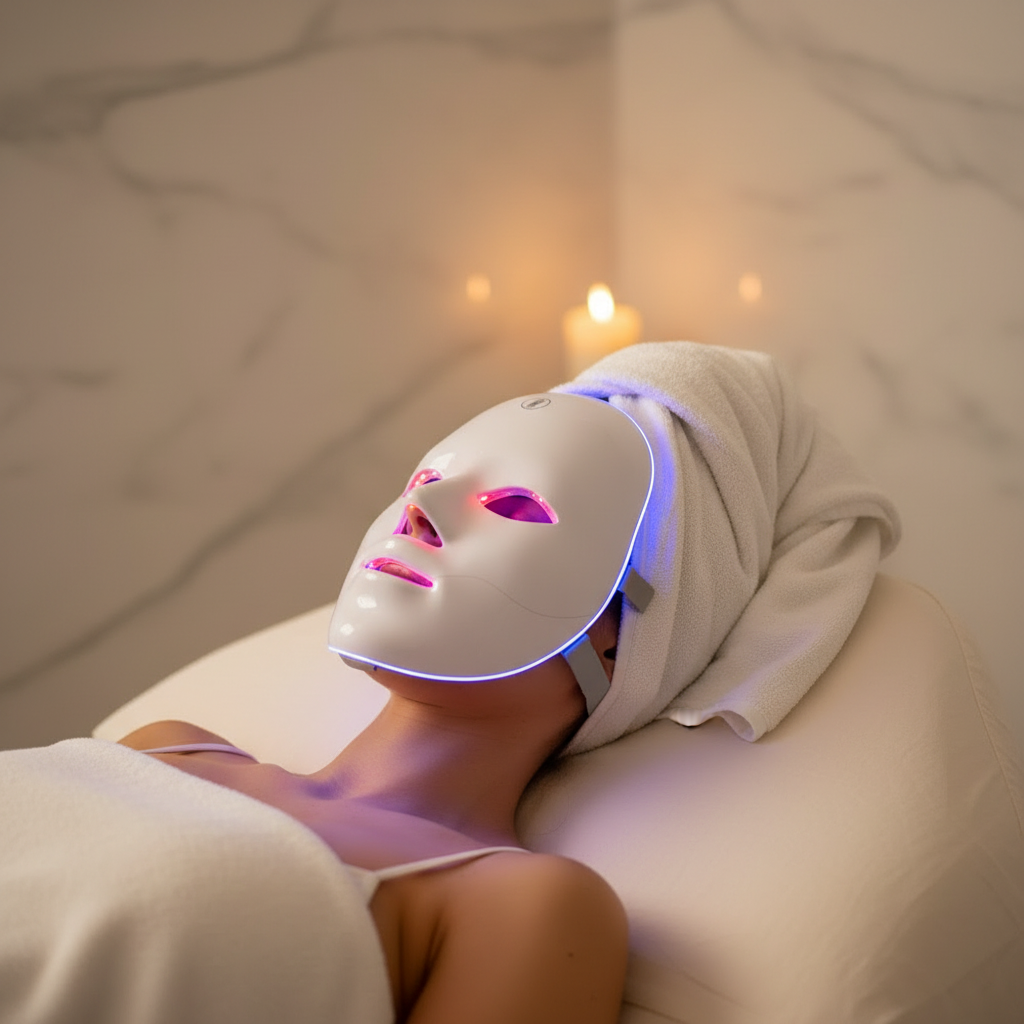 SUNPINT Portable 7-Color LED Face Mask with influencer laying down