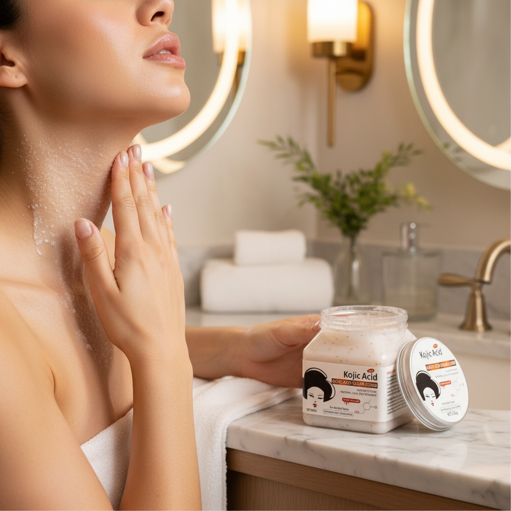 WWP Kojic Acid Face & Body Scrub being applied to neck