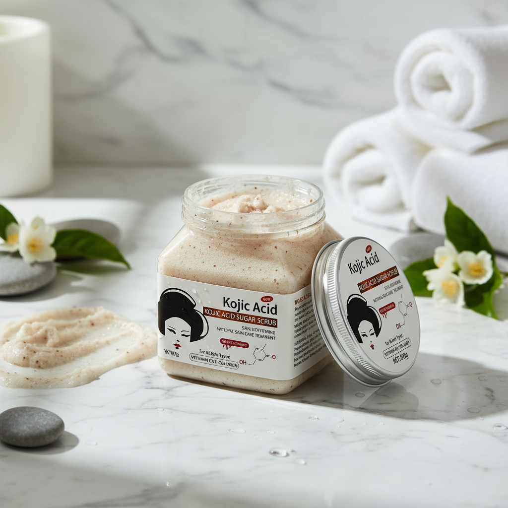 WWP Kojic Acid Face & Body Scrub in luxurious spa setting